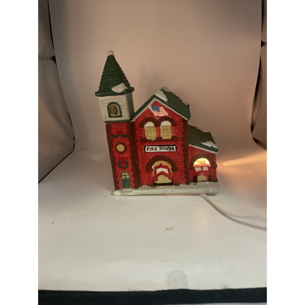 Christmas Village Lighted Porcelain Firehouse 1991 Noma International Inc.s2